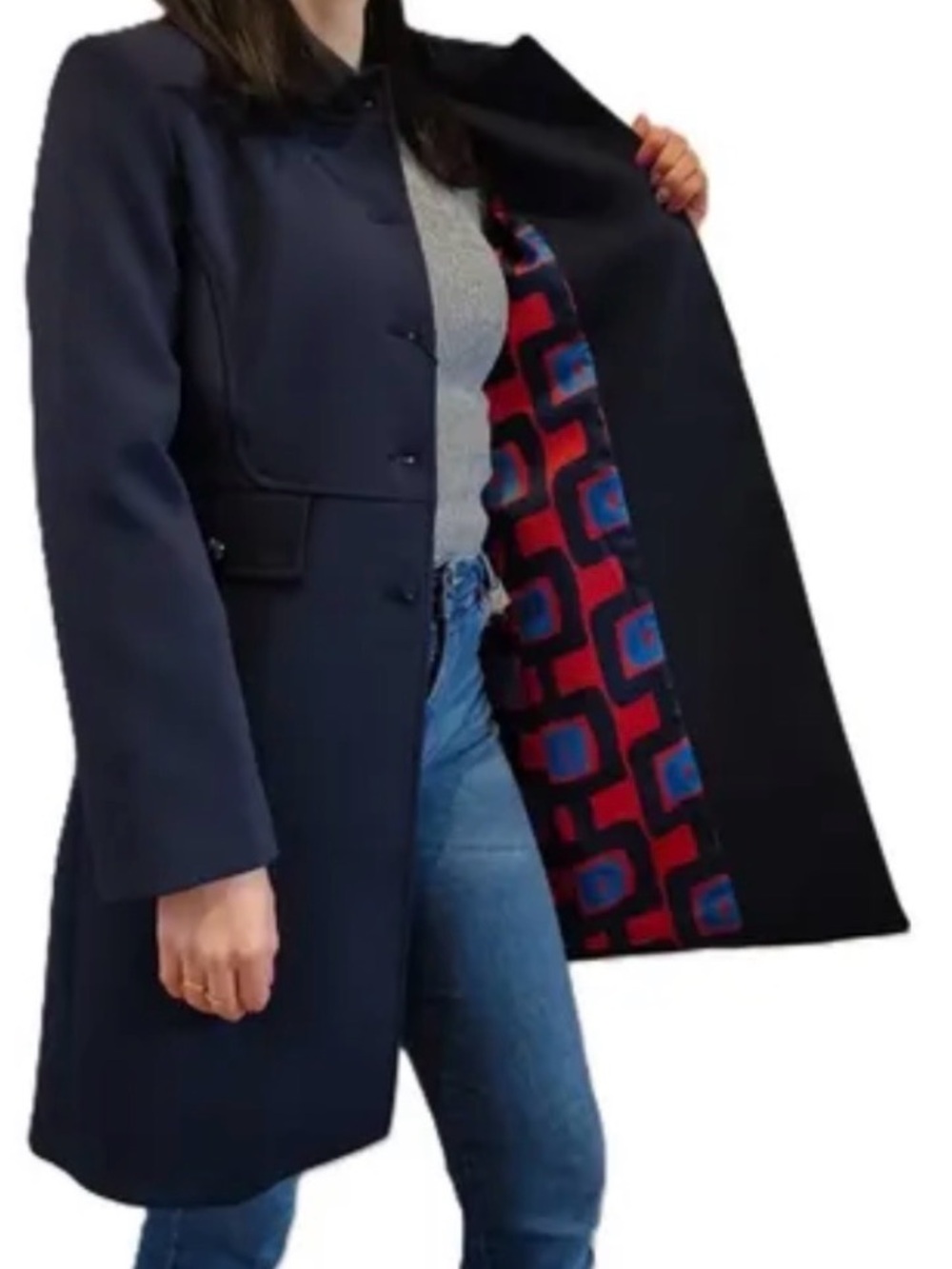 NWOT - Zara Navy Pea Coat with Red & Blue Geometric Lining